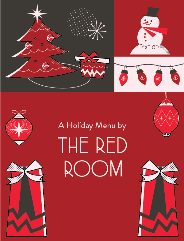 A Holiday Menu by The Red Room featuring mid-century modern tree, snowman in top hat, and bauble ornaments